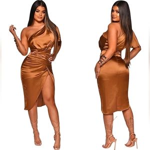 ❤️Elegant Auburn Orange Womens Midi One Shoulder Dress💎